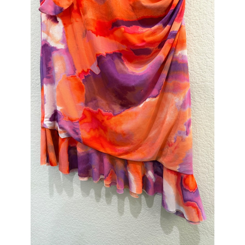 Rachel Roy Ruffle Mini Dress Multicolor XL Watercolor Mesh Ruched Asymmetrical - Picture 6 of 8